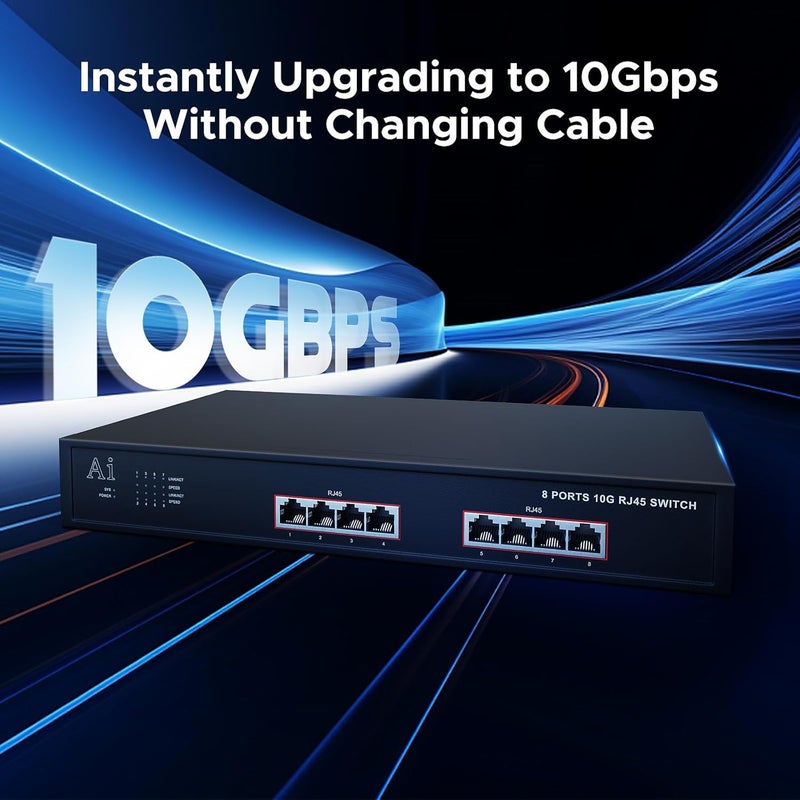 TEROW 8-Port 10G Ethernet Switch, 8 x 10Gb RJ45 Ports, Directly Connect cat 6 Network Cablet,Support 100/1000/10GMbps Auto MDI/MDIX, 160Gbps Switching Capacity,Plug and Play, Unmanaged Switch Rackmountable - Image 2